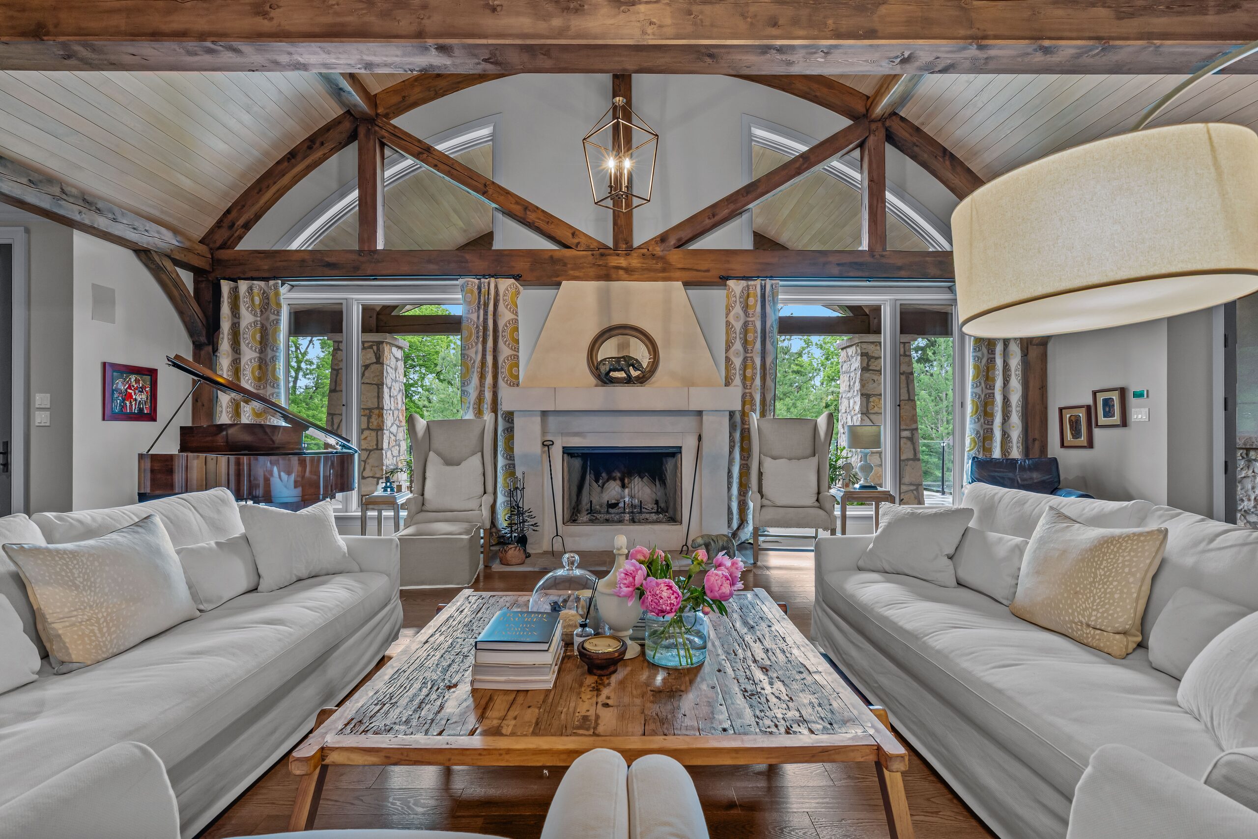 Under the timber trusses
