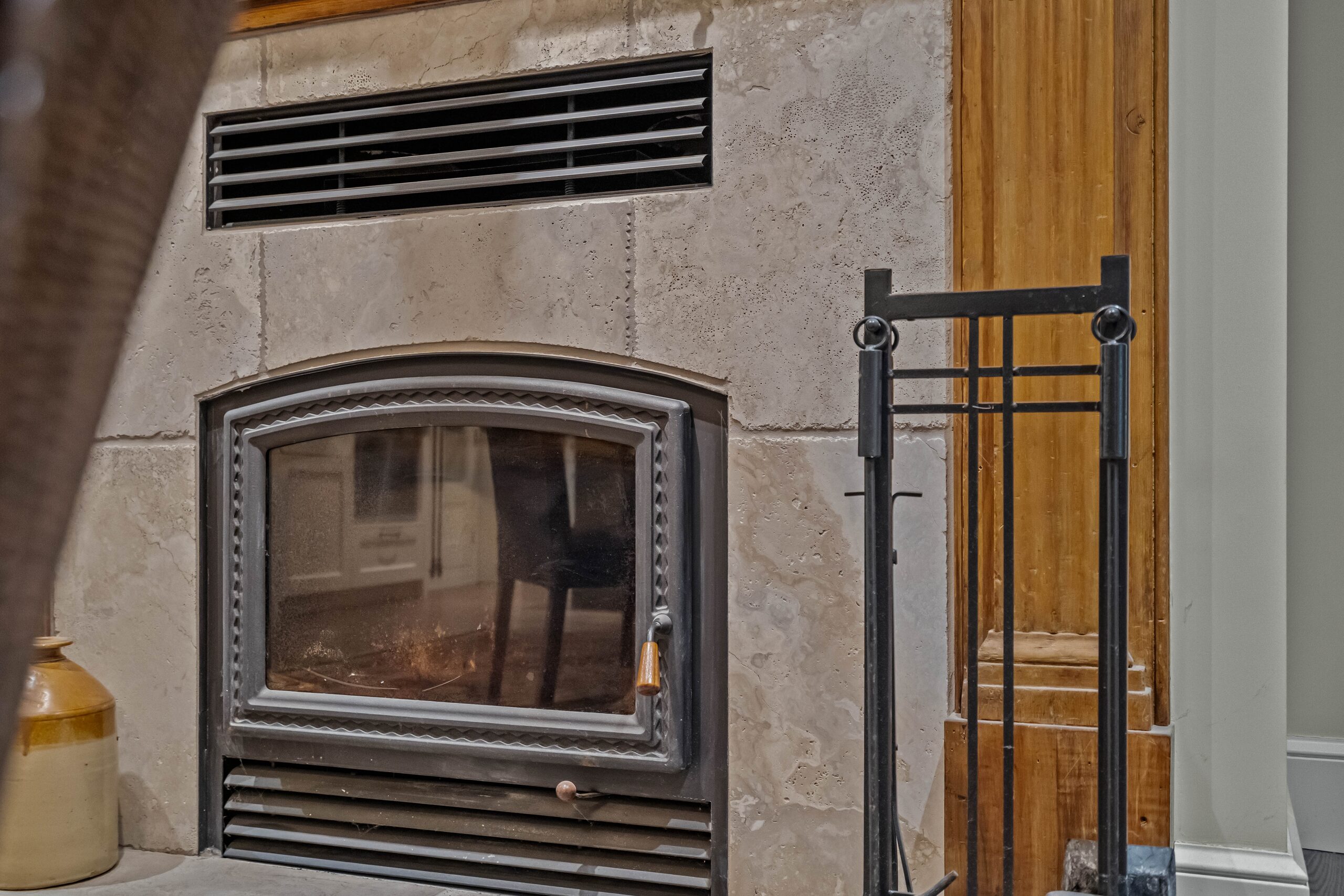 Stone hearth & ironwork